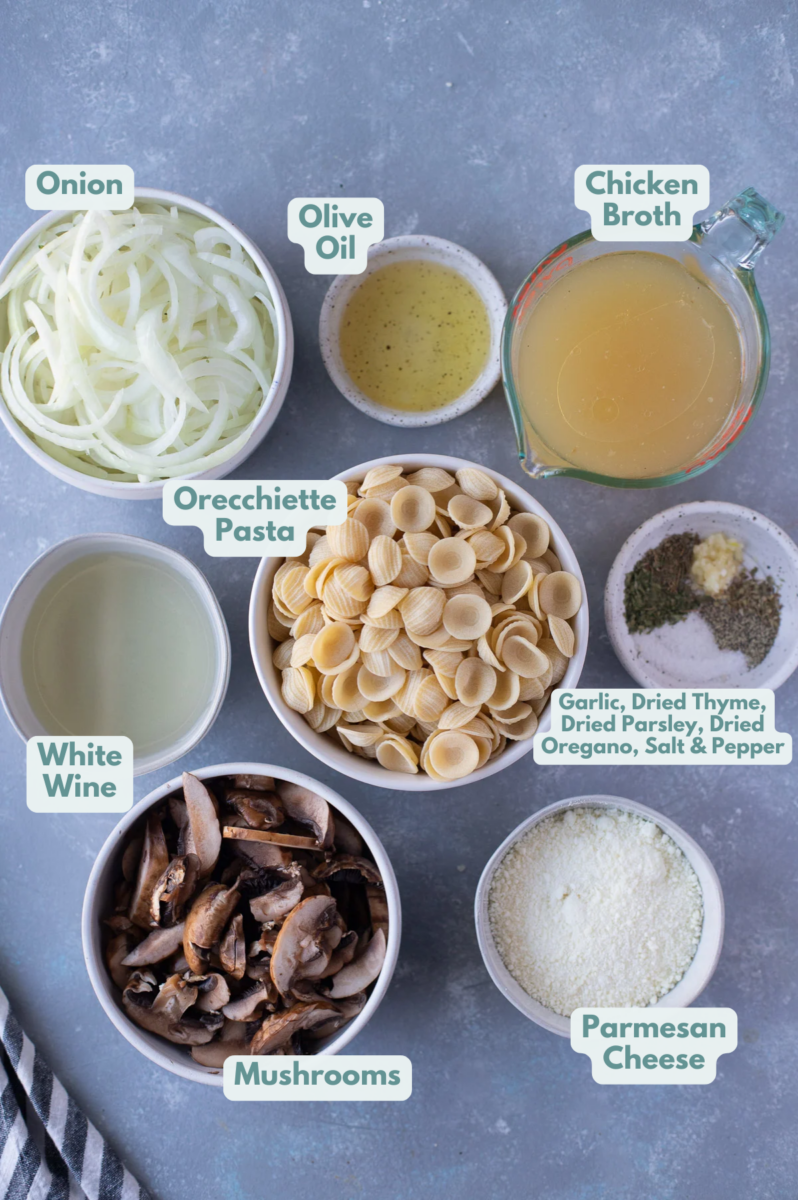 Ingredients for french onion pasta in white bowls: olive oil, garlic, onions, mushrooms, white wine, chicken broth, orecchiette pasta, parmesan cheese, spices