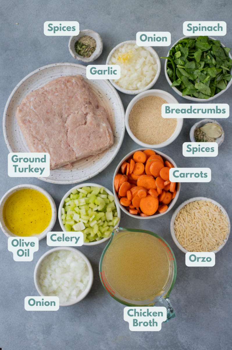 Ingredients for Italian Wedding Soup in white bowls: ground turkey, egg, breadcrumbs, olive oil, garlic, onion, celery, carrots, rosemary, parsley, basil, pepper, bay leaves, chicken broth or beef broth, fresh spinach, orzo pasta
