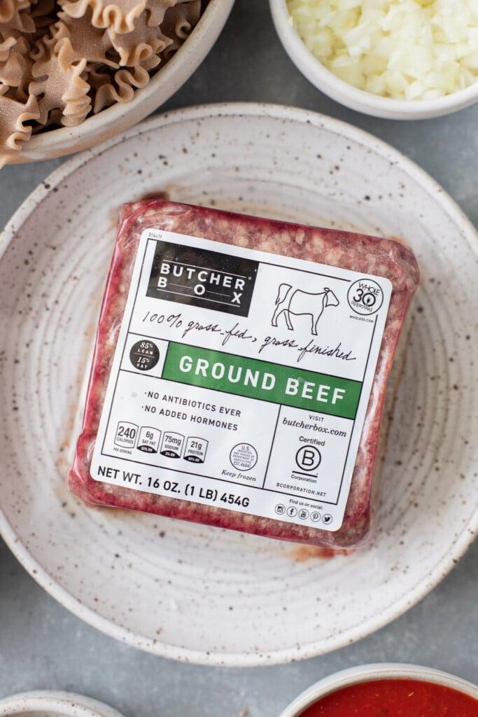 a close up of butcherbox ground beef on a white plate