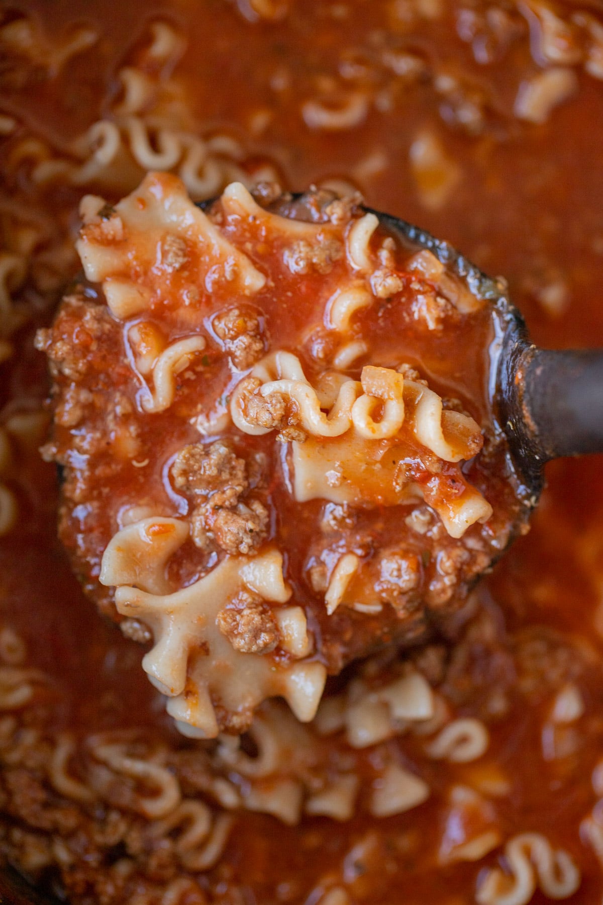 A ladle taking a large scoop of lasagna soup out of a pot
