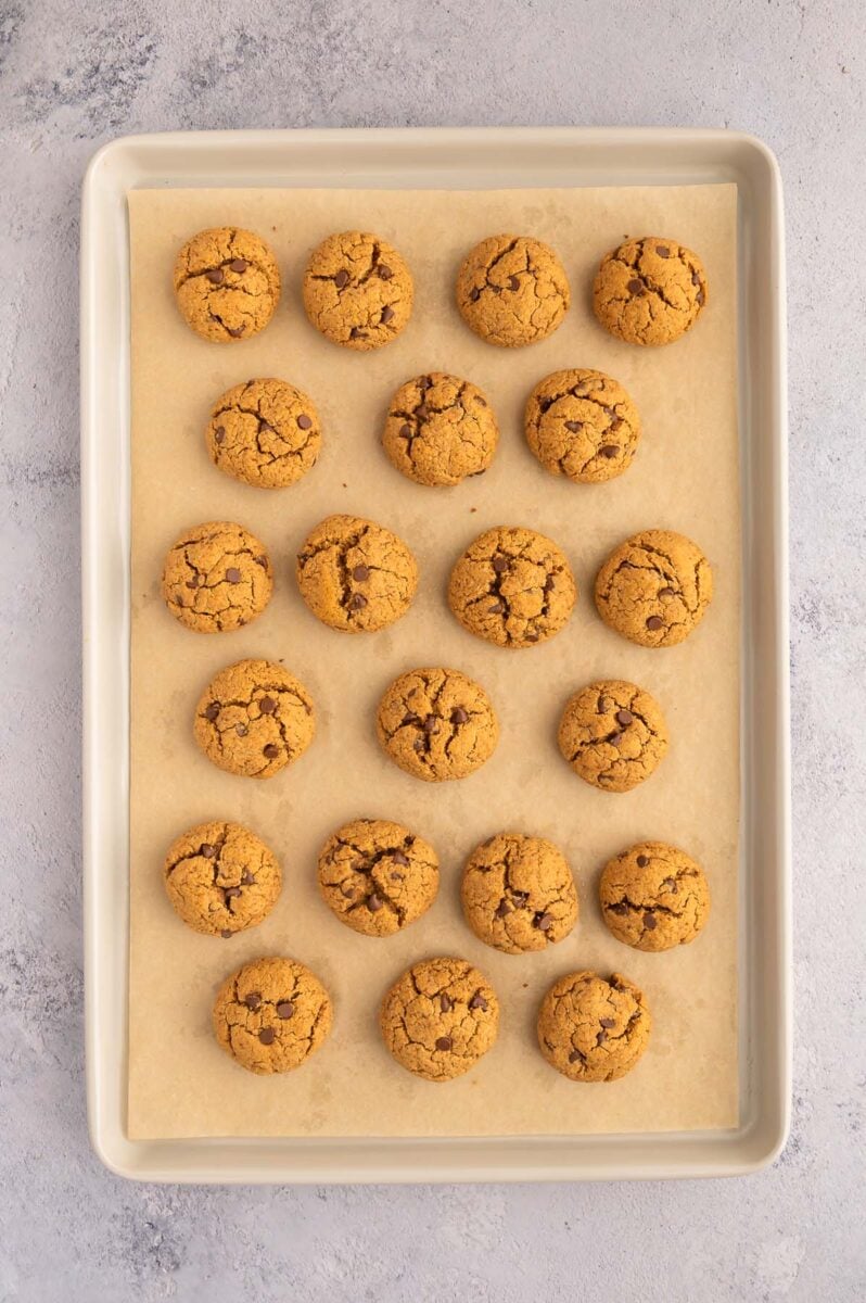 Protein Cookies on a parchment lined baking sheet.
