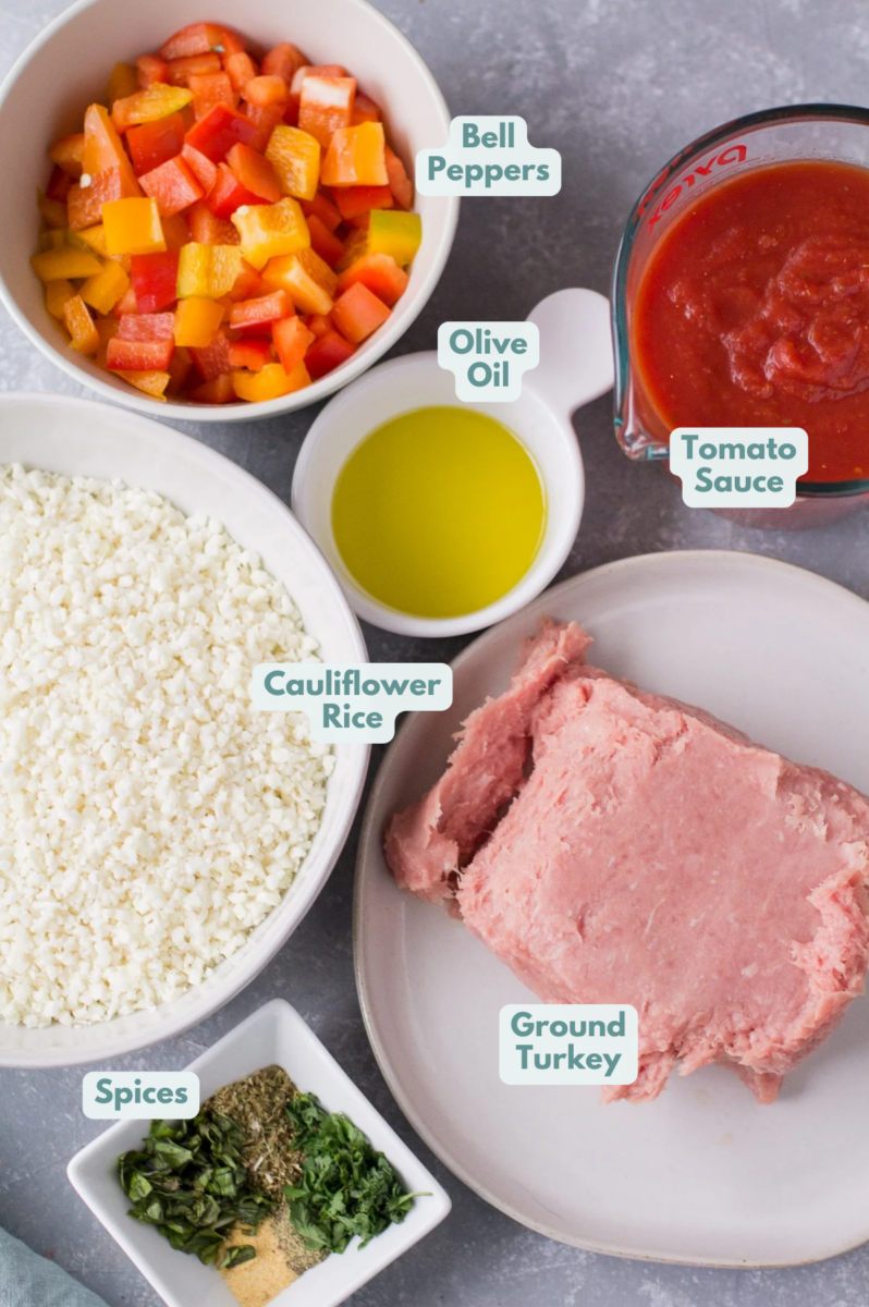 Ingredients for Unstuffed Peppers in small white bowls on a grey background