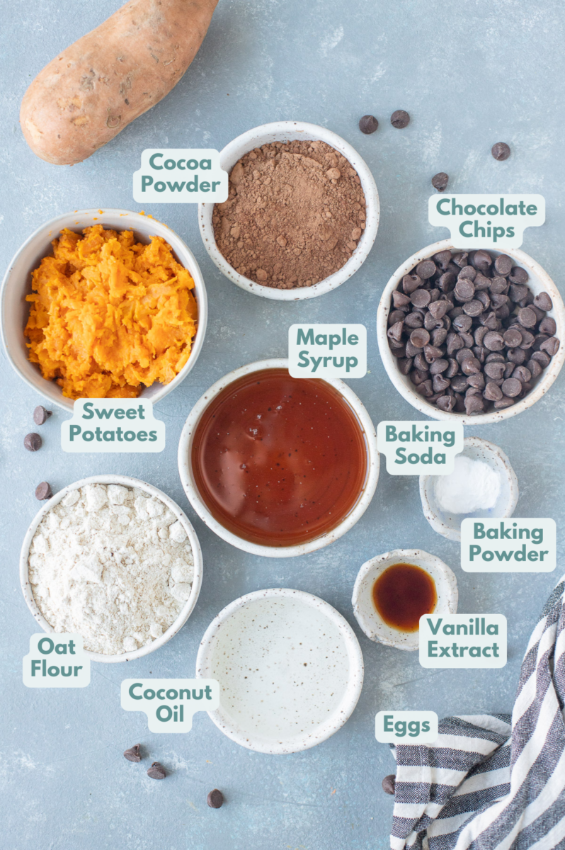 Ingredients for healthy sweet potato brownies in white bowls: mashed sweet potato, coconut oil, eggs, maple syrup, oat flour, vanilla extract, cocoa powder, baking soda, baking powder, chocolate chips