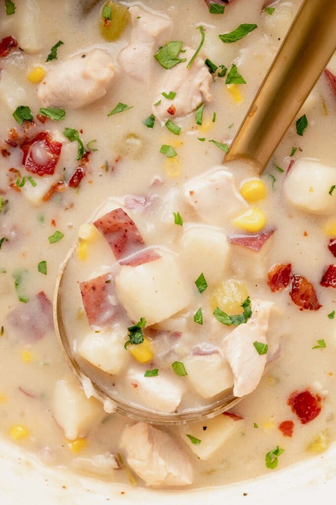 A close up of a pot of chicken corn chowder with a ladle taking a scoop out of it