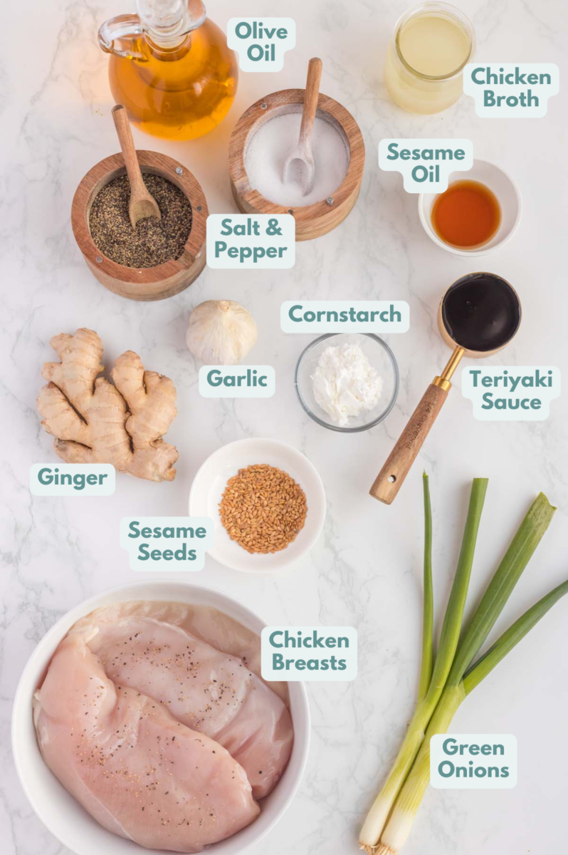Ingredients for ginger chicken in whole bowls: chicken breasts, olive oil, ginger, garlic, teriyaki sauce, chicken broth, sesame oil, salt, pepper, cornstarch, sesame seeds, green onion