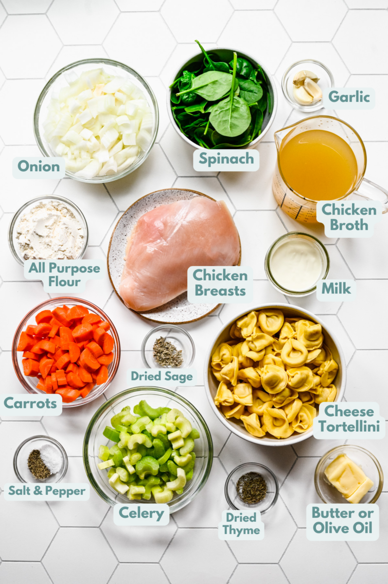 Ingredients for chicken tortellini soup in bowls on a white background: olive oil onion, carrot, celery, garlic, all purpose flour, chicken broth, chicken breasts, dried sage, dried thyme, pepper, salt, cheese tortellini, baby spinach, whole milk