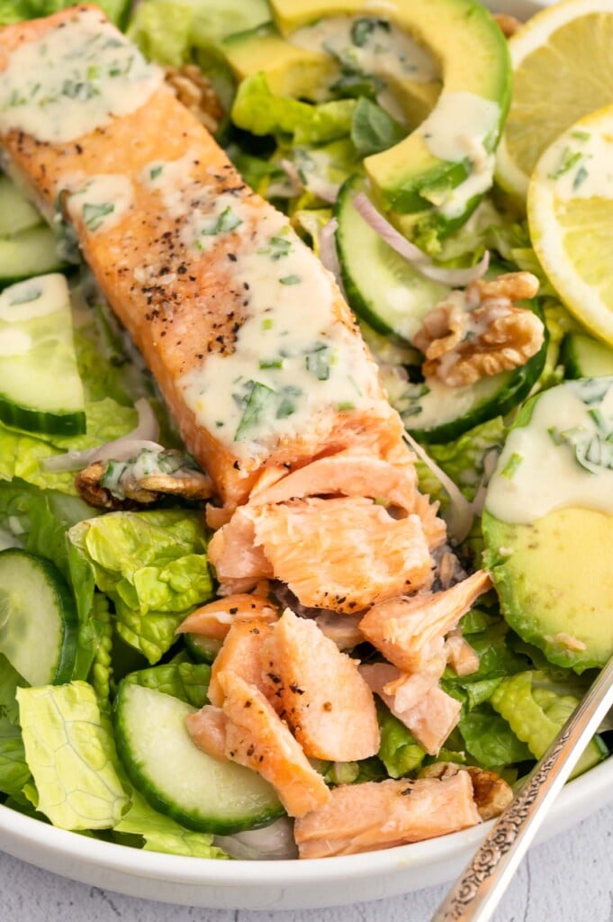 A close up of a salmon salad with cucumbers, avocado, and lemons on it topped with tahini dressing and the salmon is flaked off
