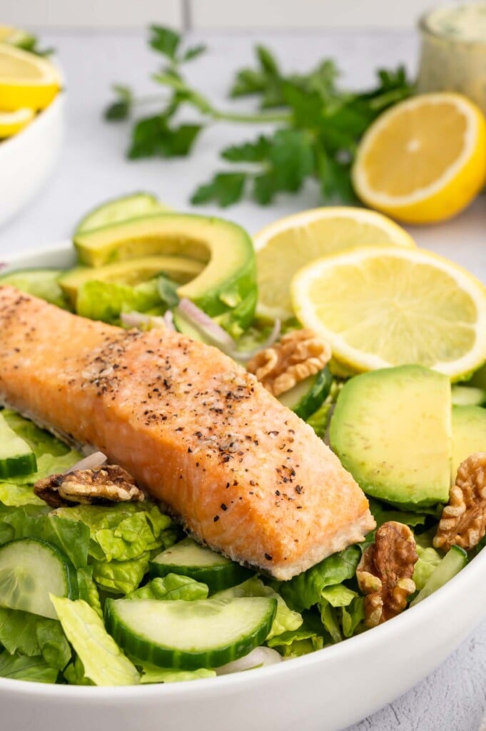 A white bowl with salmon, avocado salad without the dressing on top