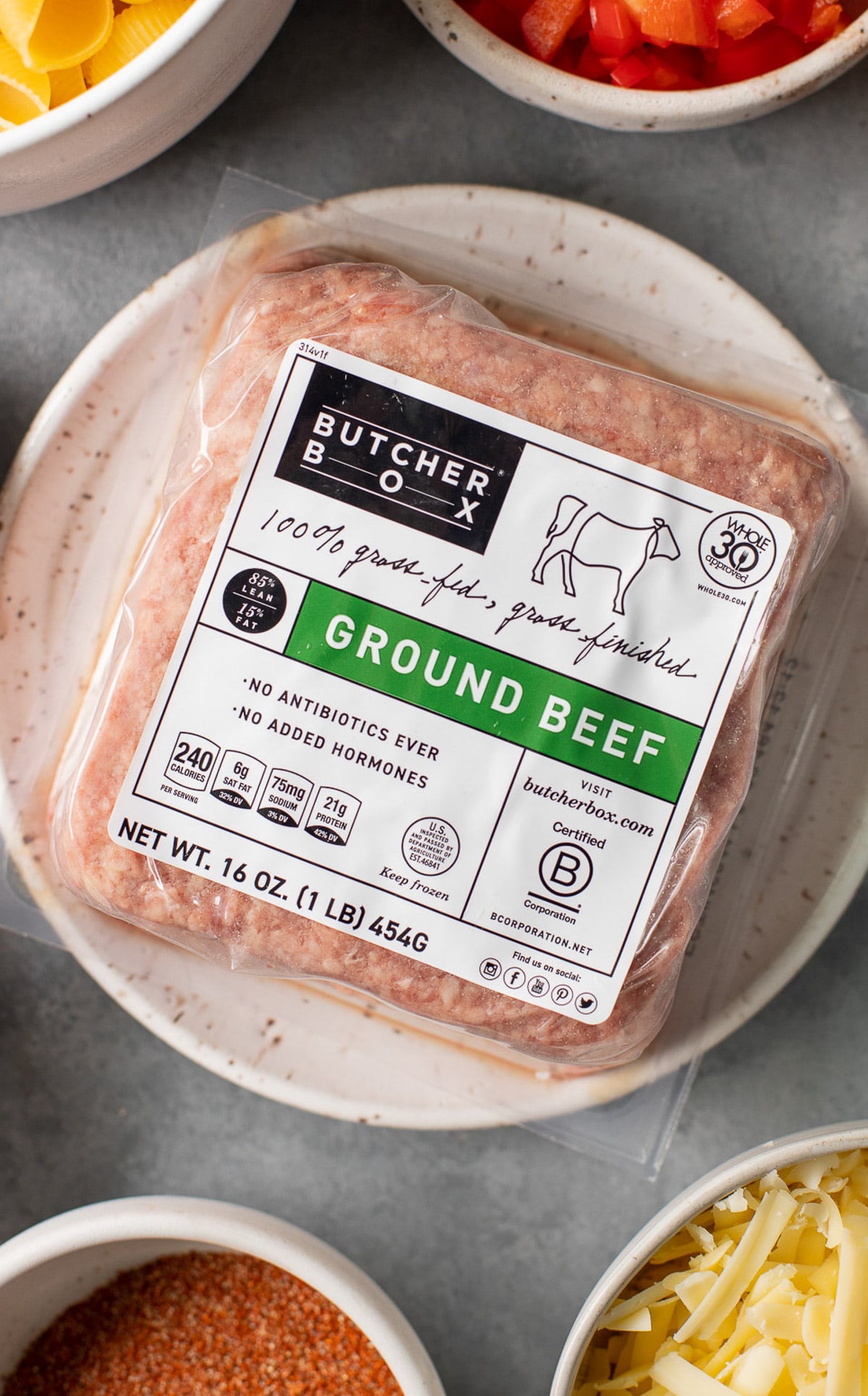 A close up of ButcherBox ground beef on a white plate