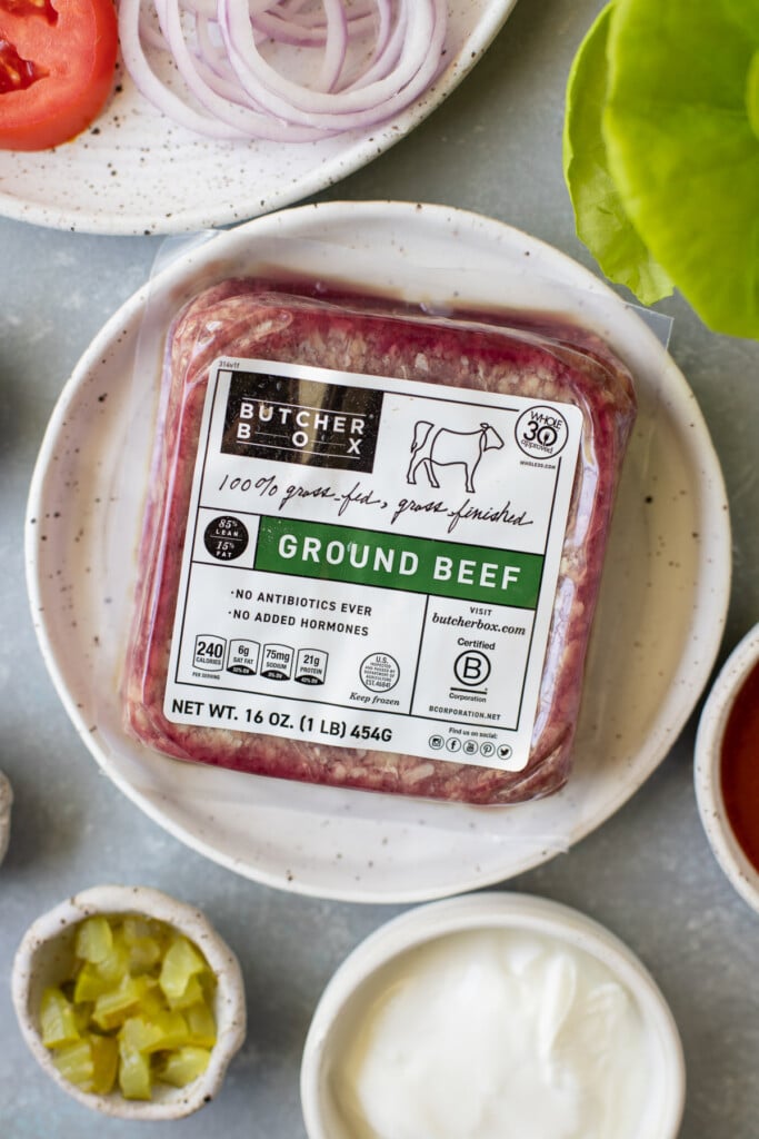 A close up of butcherbox ground beef before being added to lettuce wrap burgers