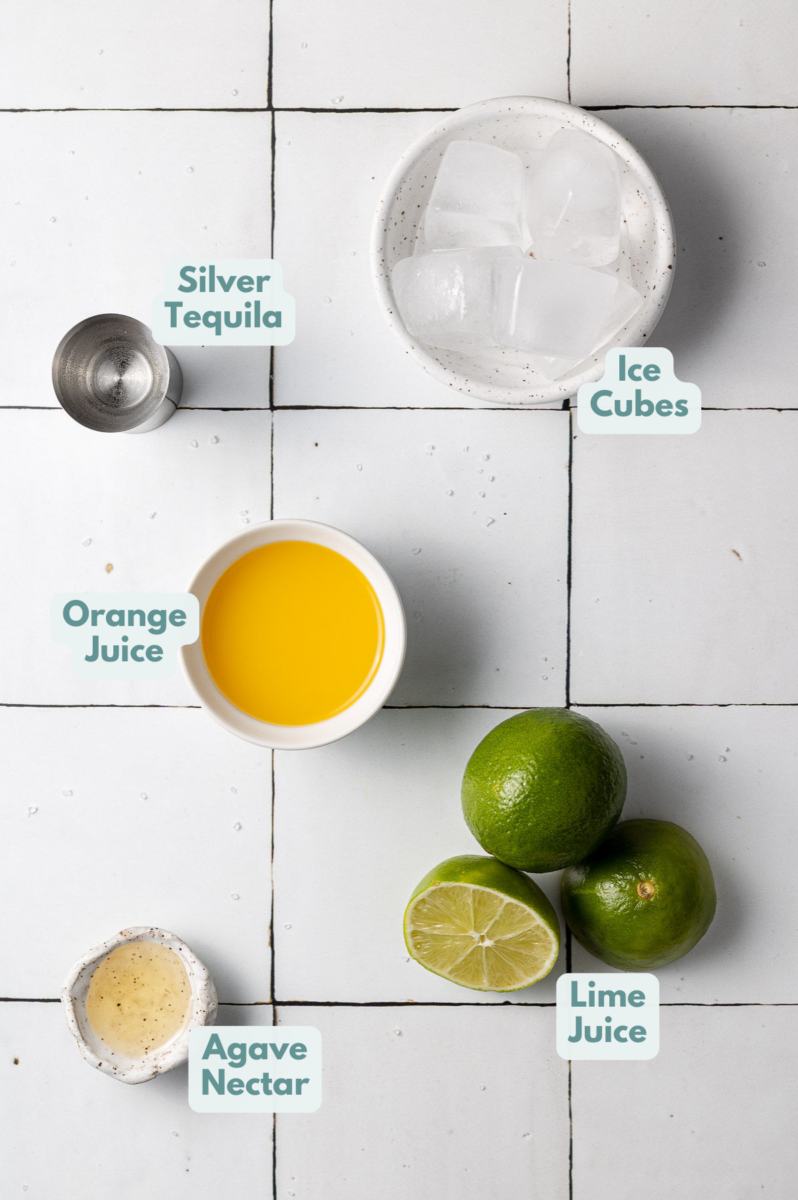 Skinny Margarita Ingredients in small white bowls on a white tile background