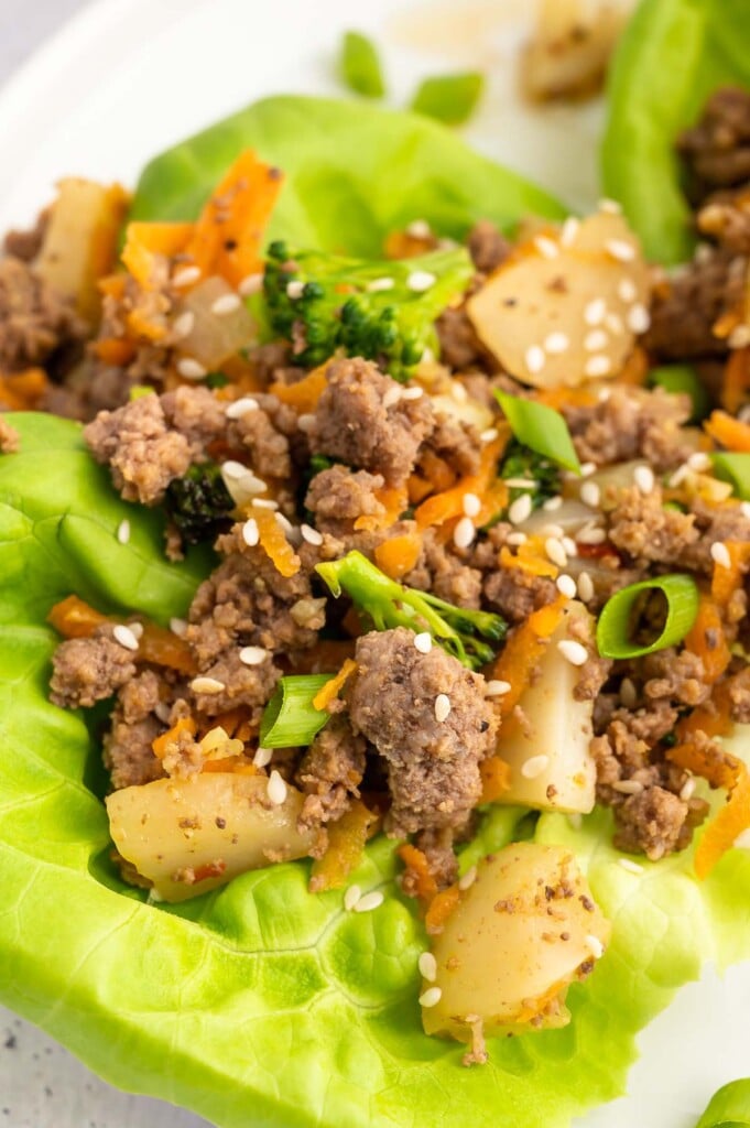 A close up of a ground beef lettuce wrap on a white background