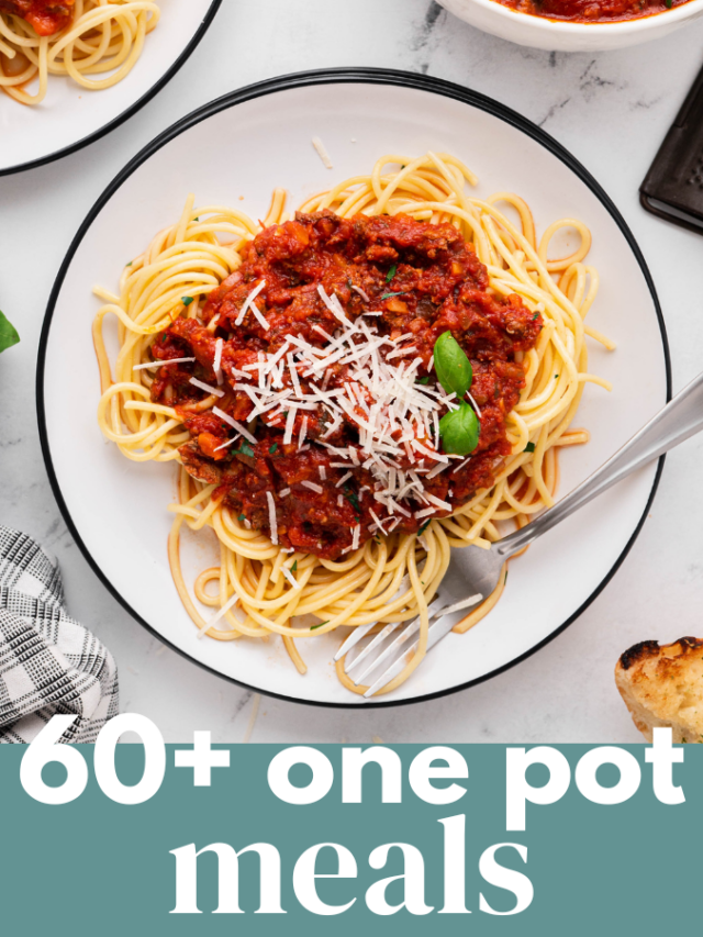 An overhead shot of a white plate of pasta with healthy turkey bolognese and a bowl of the bolognese on the side with the words "60+ one pot meals" in the foreground