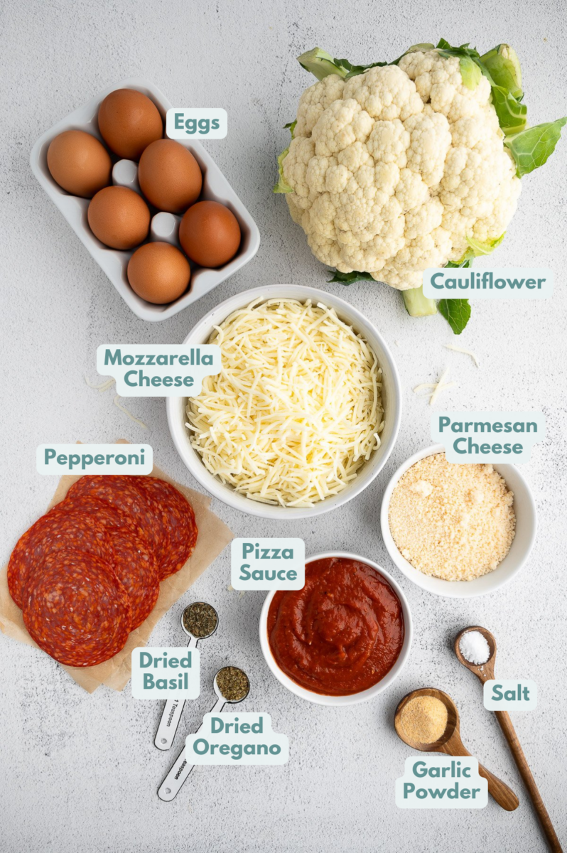 Ingredients for keto pizza with cauliflower pizza crust in white bowls: riced cauliflower, eggs, garlic powder, dried oregano, dried basil, salt, parmesan cheese, mozzarella cheese, pizza sauce or tomato sauce, mozzarella, pepperoni