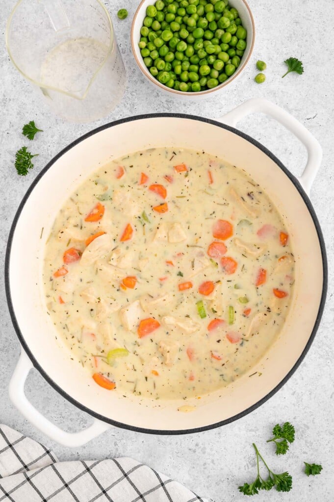 Gluten Free Chicken Pot Pie in a dutch oven before the frozen veggies are added.
