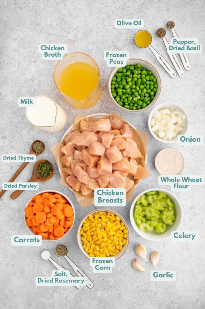 Ingredients for gluten free chicken pot pie in small bowls: olive oil, chicken breasts, onion, garlic, carrots, celery, spices, whole wheat flour or tapioca flour , chicken broth, milk, frozen peas and corn.