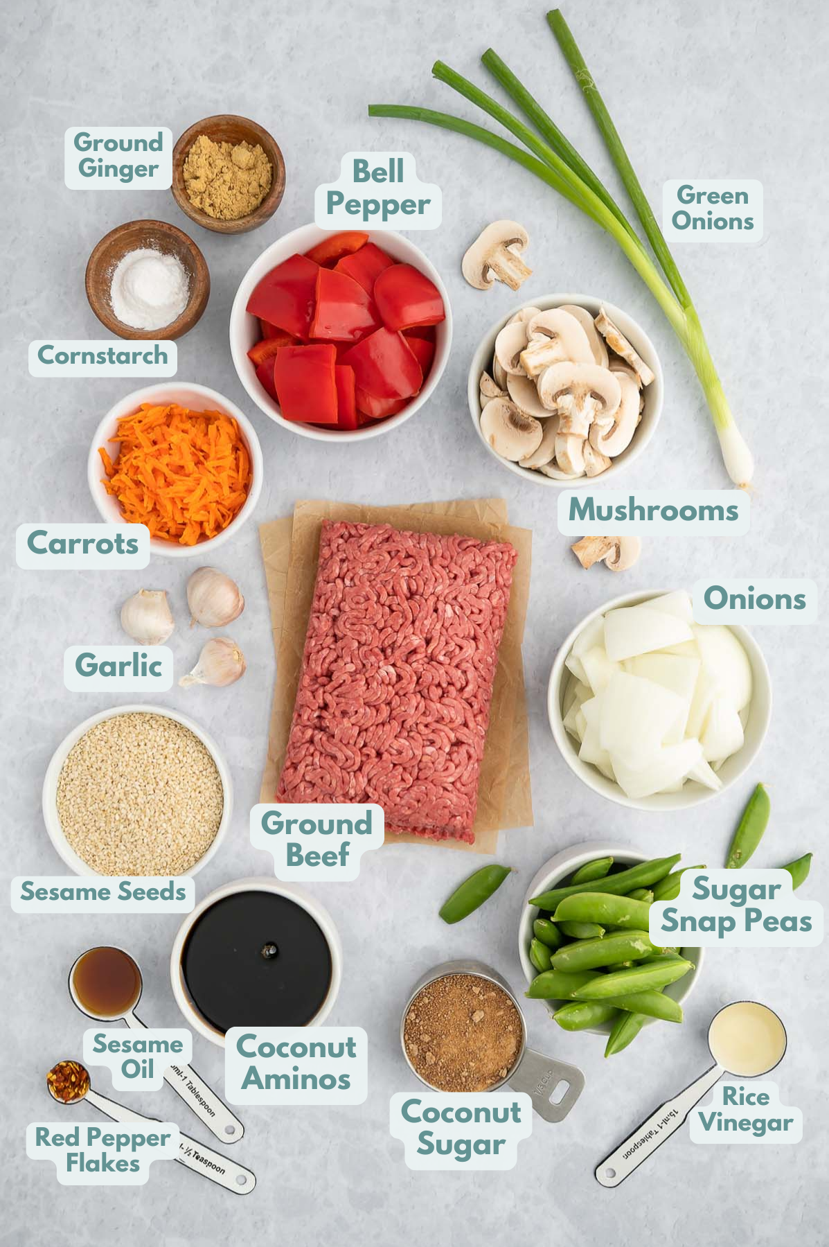 Overhead view of labeled ingredients in small bowls: raw ground hamburger, garlic cloves, diced onion, diced red bell pepper, sugar snap peas, grated carrots, and sliced mushrooms. Also coconut aminos, coconut sugar, sesame oil, rice vinegar, cornstarch, ground ginger, and red pepper flakes.