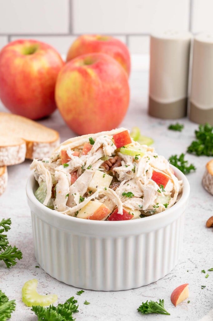 Greek yogurt chicken salad in a white ramekin