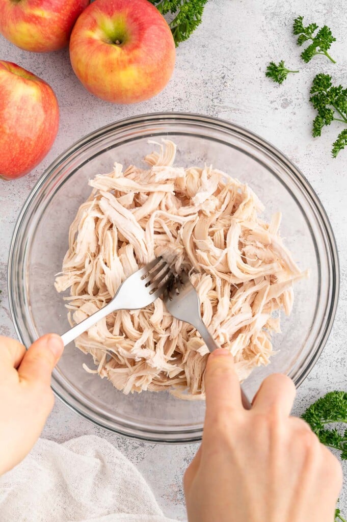 Two forks shredding cooked chicken in a glass bowl.