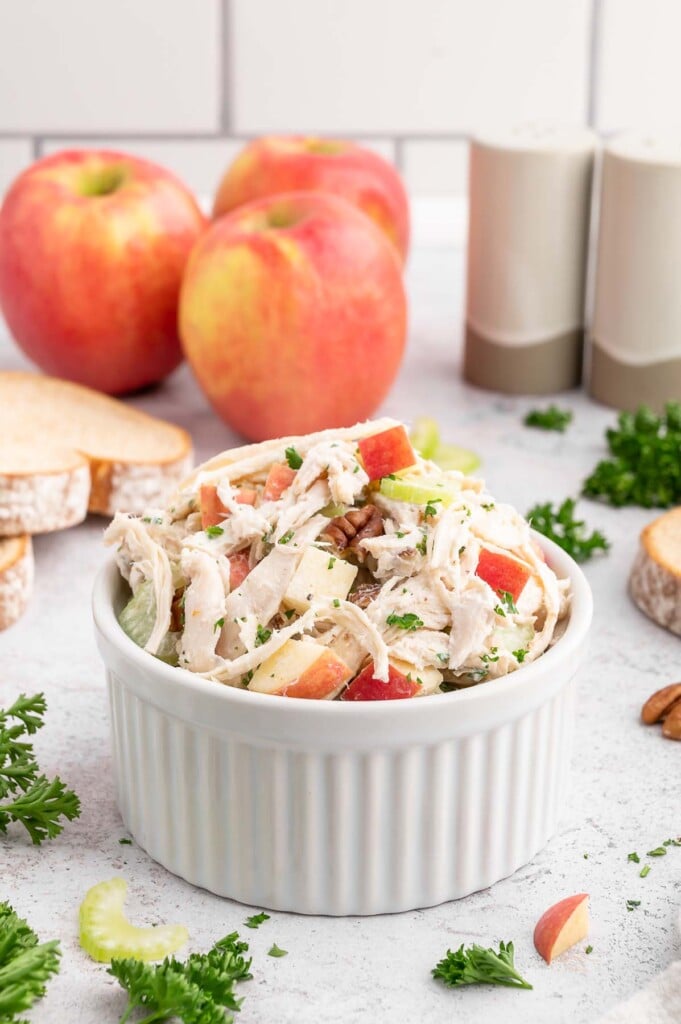 Greek yogurt chicken salad in a white ramekin