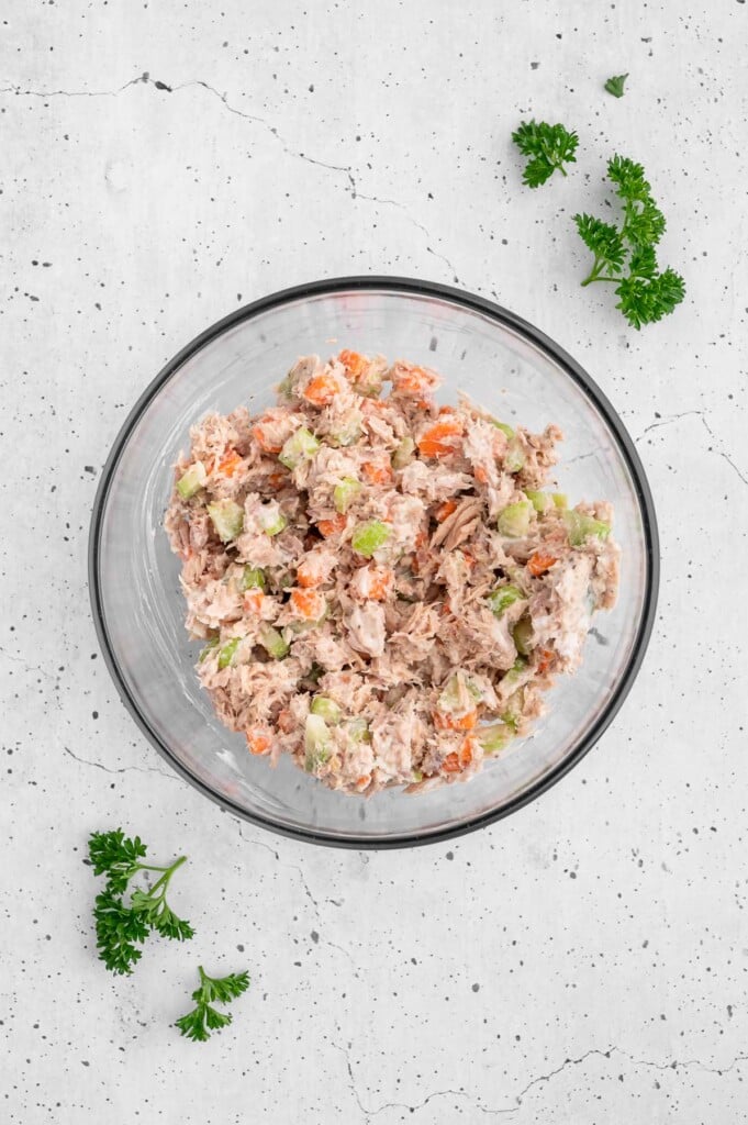 Tuna Salad without Mayo mixed together in a bowl ready to eat.