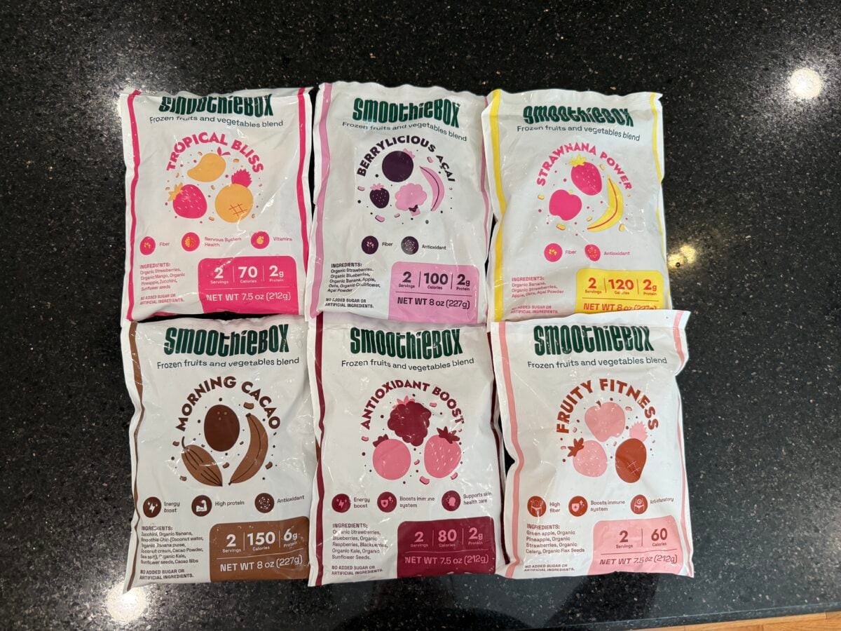 Close up of different smoothiebox flavor packages on a counter