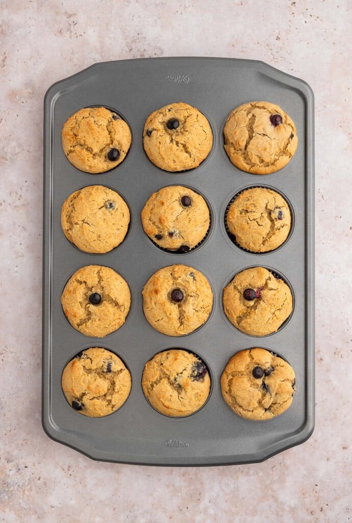 Baked blueberry protein muffins in a muffin tin.