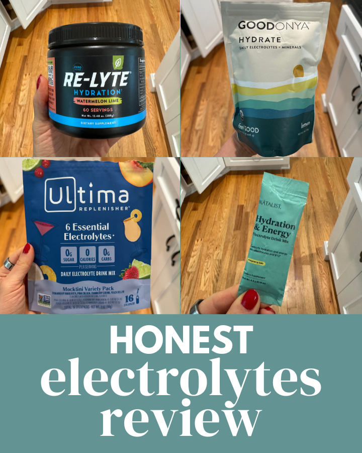 A blue box with 4 electrolyte brands on it with the caption 'honest electrolytes review' as a text overlay