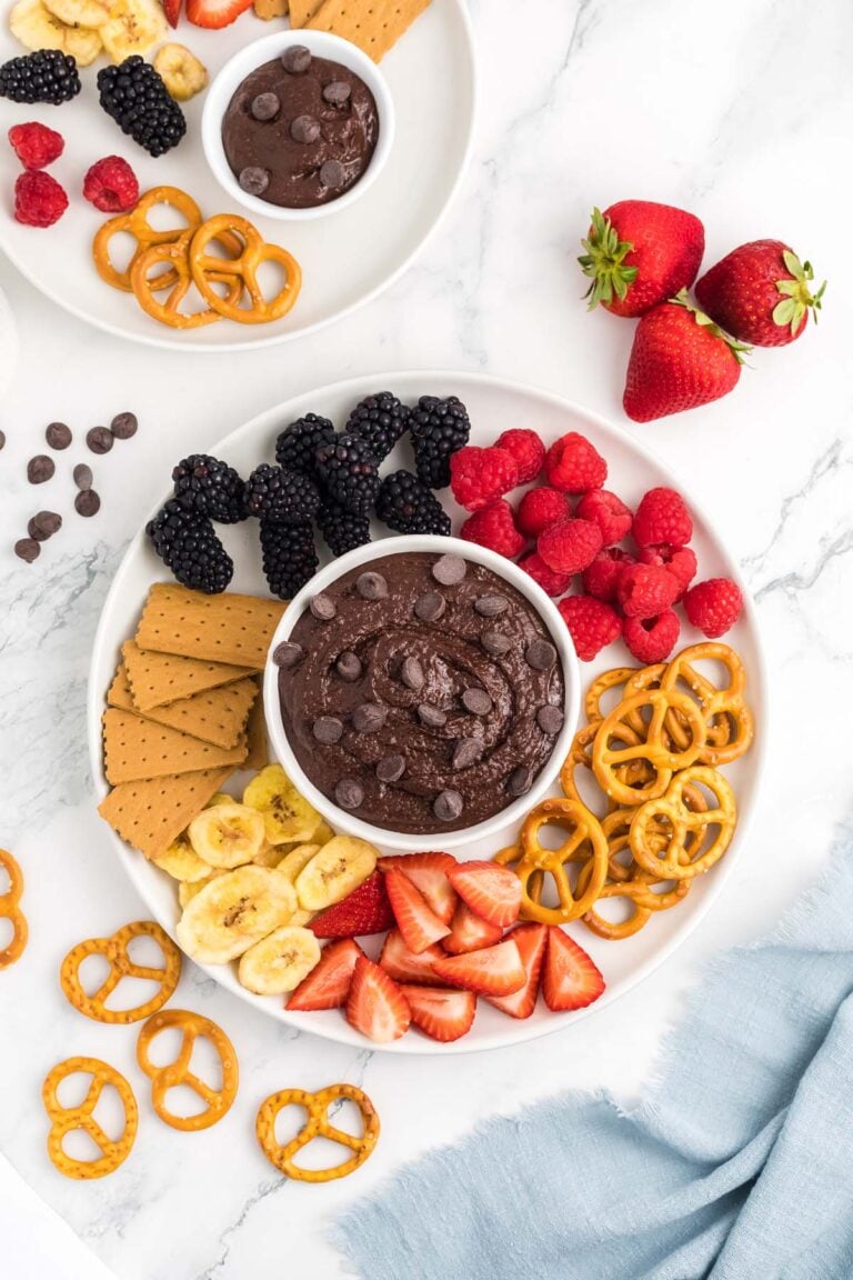 An overhead shot of a small bowl of chocolate hummus topped with chocolate chips surrounded by berries, graham crackers, and pretzels.
