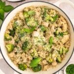 An overhead shot of Chicken Broccoli Rice in a dutch oven.