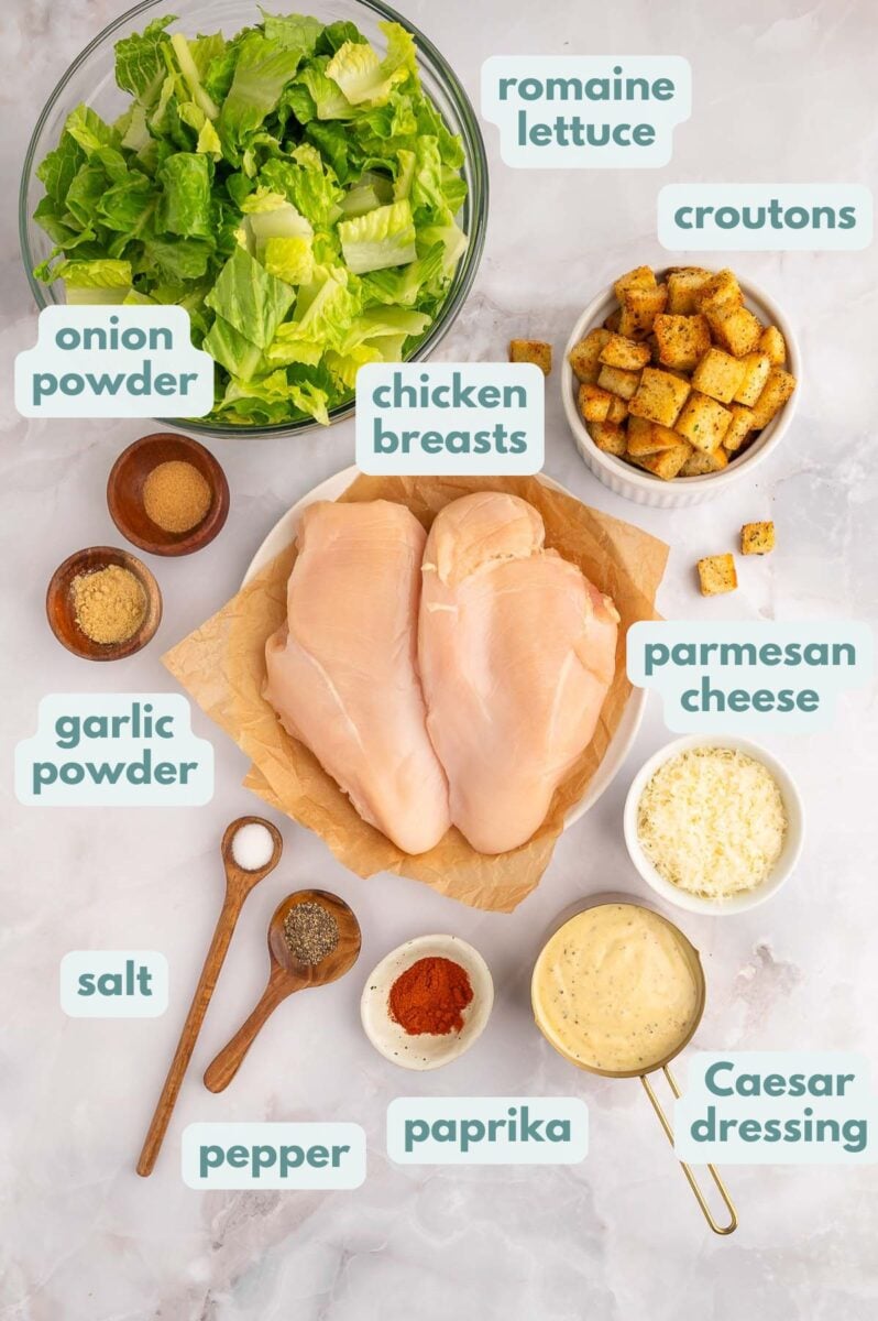 Ingredients for grilled chicken caesar salad in small bowls, labeled: romaine lettuce, croutons, chicken breasts, parmesan cheese, caesar dressing, paprika, salt, pepper, garlic powder, onion powder
