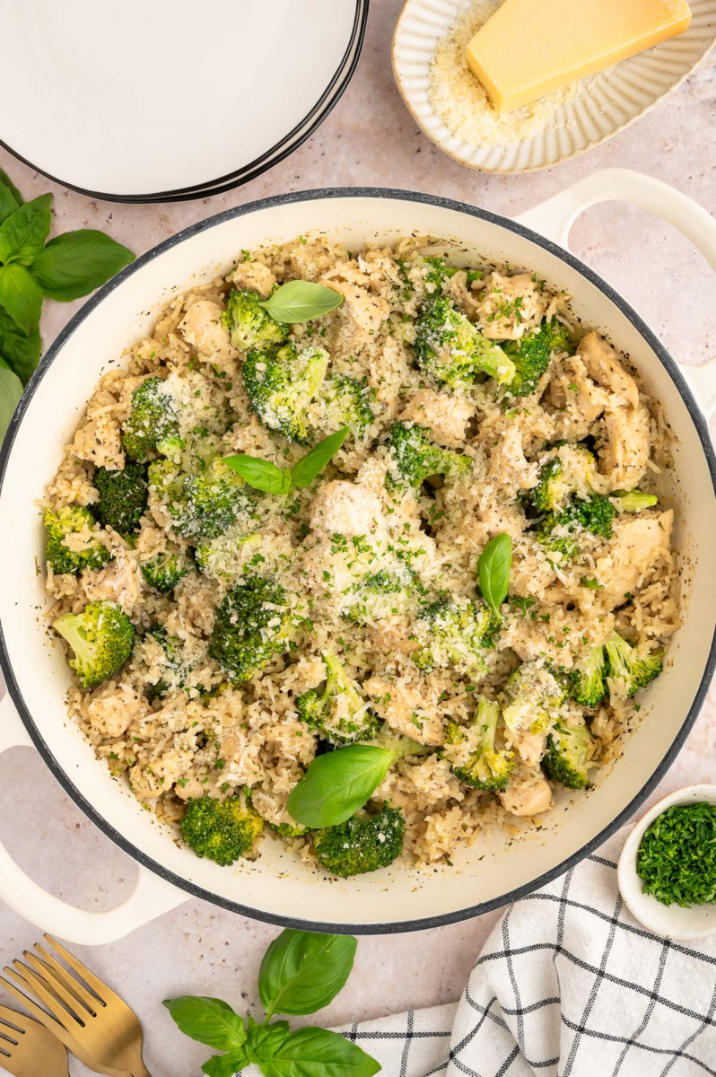 An overhead shot of high protein Chicken Broccoli Rice in a dutch oven.