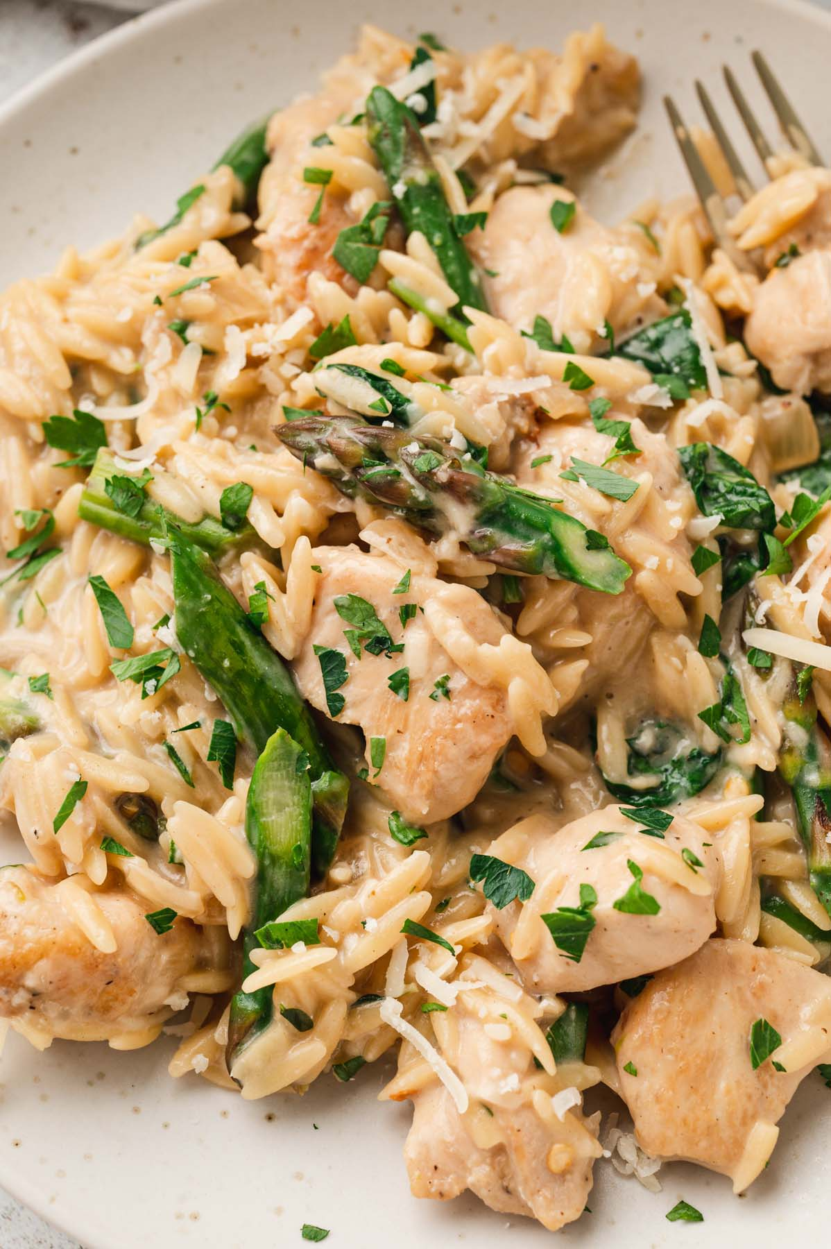 A close up of a serving of high protein chicken orzo on a white plate with a gold fork on the plate