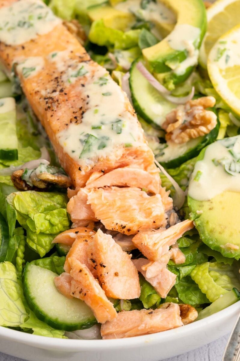 Flaky salmon on a salad topped with tahini lemon dressing.