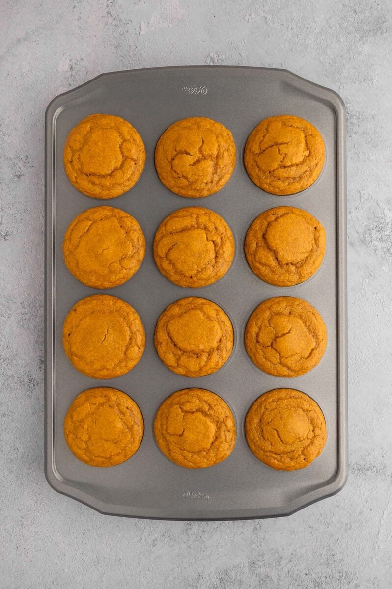 12 pumpkin protein muffins in a muffin tin just out of the oven on a grey background.