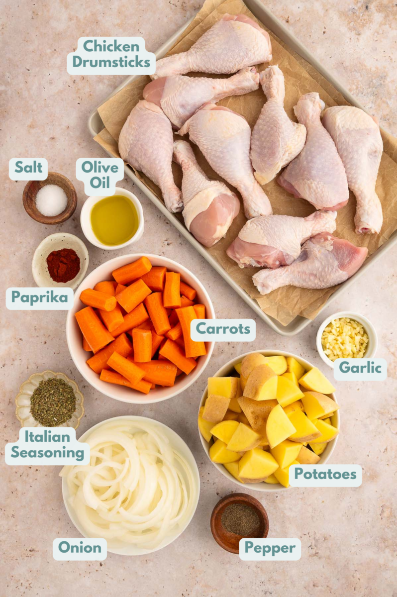 Ingredients for chicken drumstick dinner in small bowls.