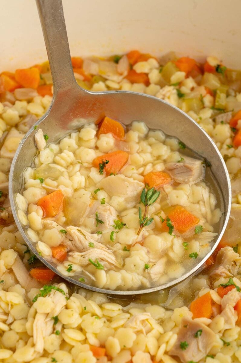 A ladle scooping out chicken stars soup from a dutch oven of the soup.
