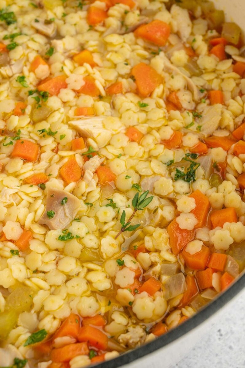 A close up of chicken stars soup in a dutch oven.