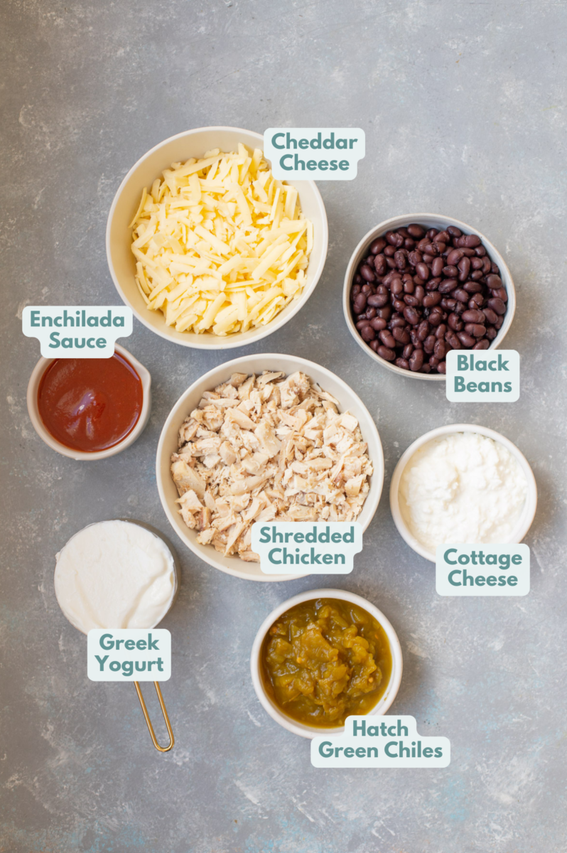 Ingredients for Chicken Enchilada Dip in small bowls with labels for each ingredient: Cheddar Cheese, Enchilada Sauce, Greek Yogurt, Shredded Chicken, Hatch Green Chiles, Cottage Cheese, Black Beans