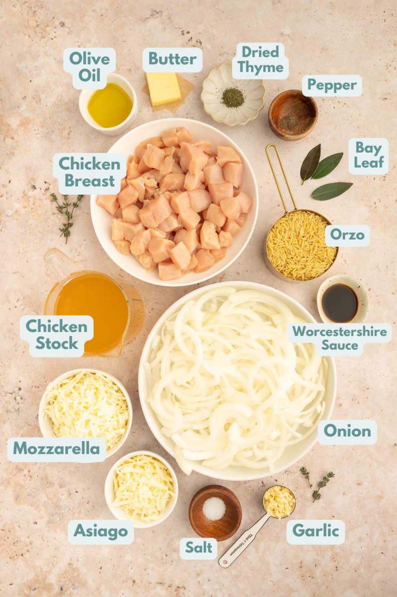 Ingredients for French onion orzo in bowls on a counter with labels for each ingredient.