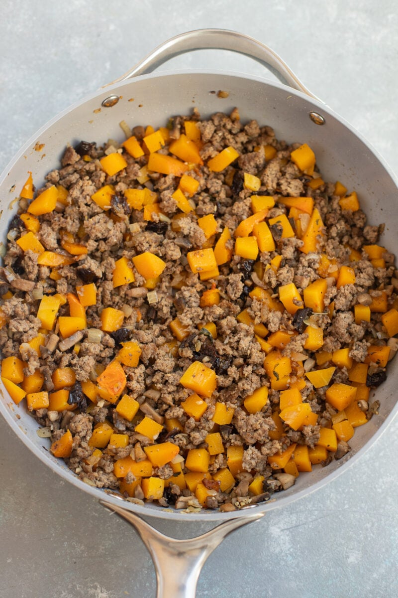 Ground Beef Butternut Squash Skillet in a pan without cheese added. 