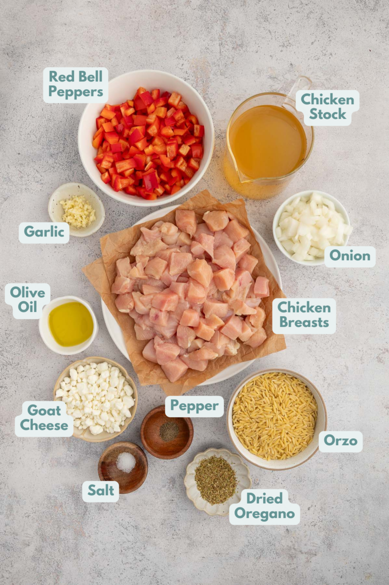 Ingredients for red pepper goat cheese orzo in small bowls.