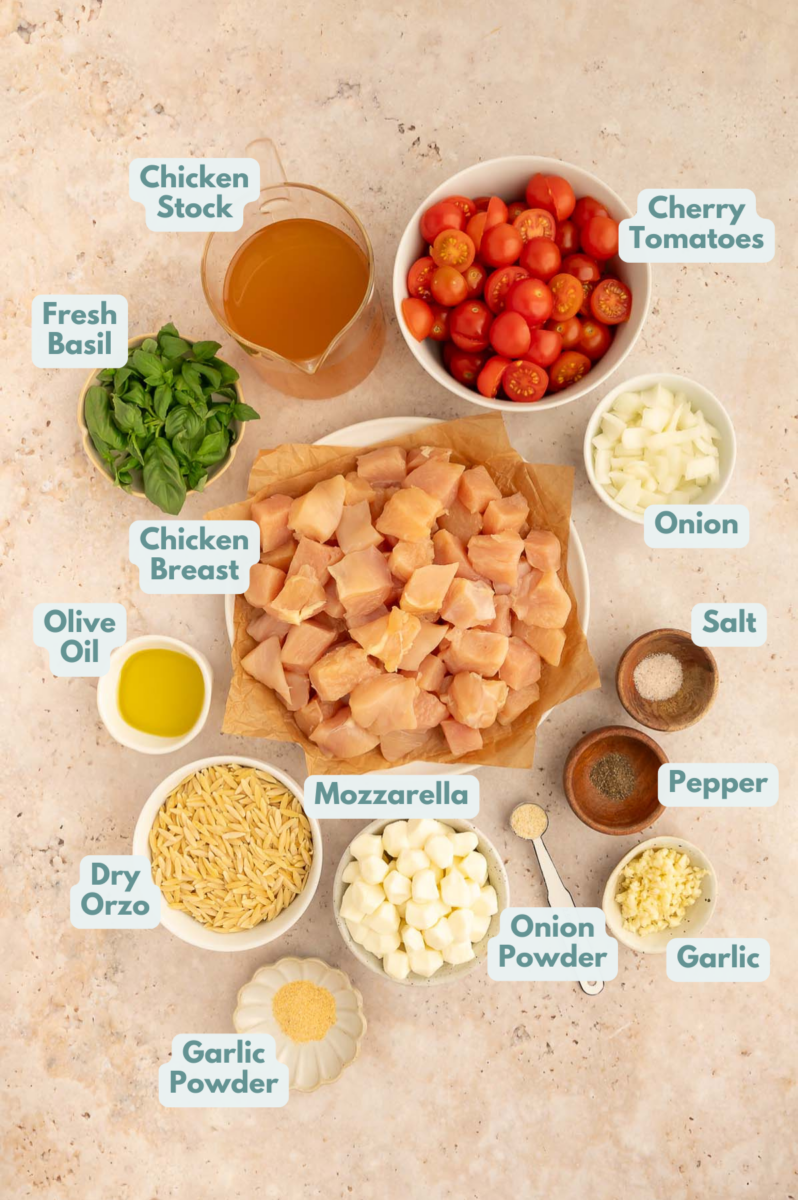 Labeled ingredients for Chicken Caprese Orzo in small white bowls on a tan background.