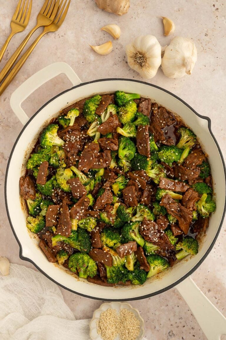A pan of healthy beef and broccoli on a counter.