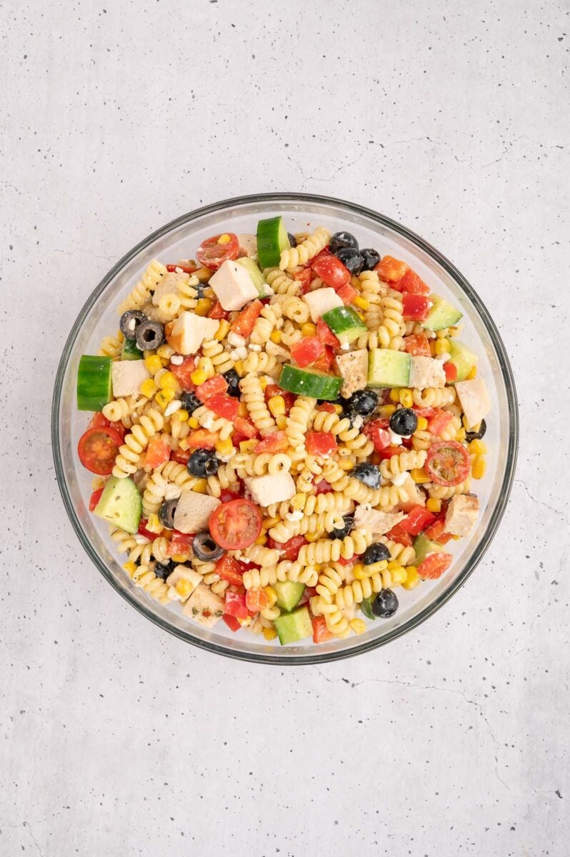 A bowl of high protein pasta salad. 