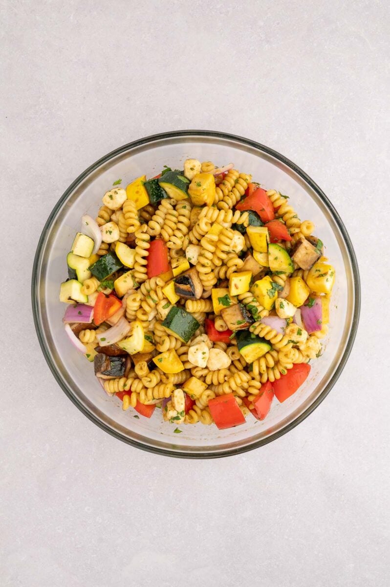 Grilled Veggie Pasta Salad in a clear bowl. 