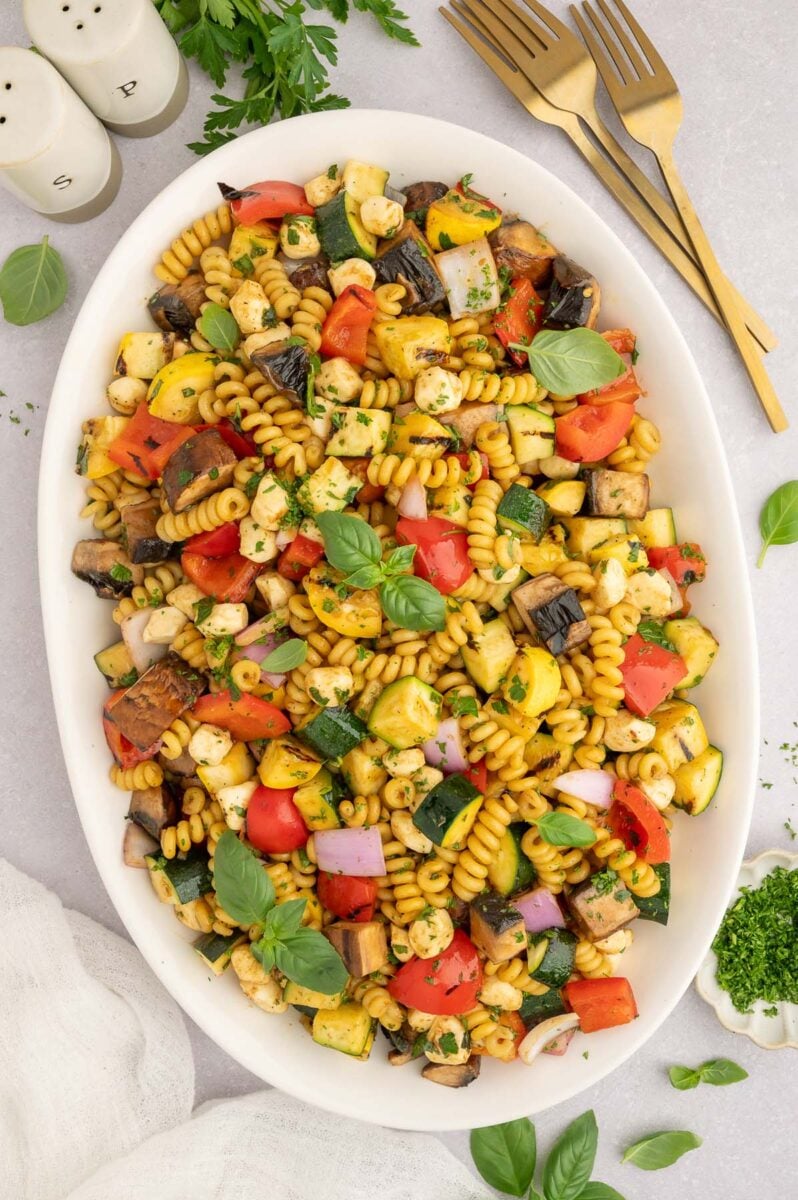 Grilled Vegetable Pasta Salad on a white platter.