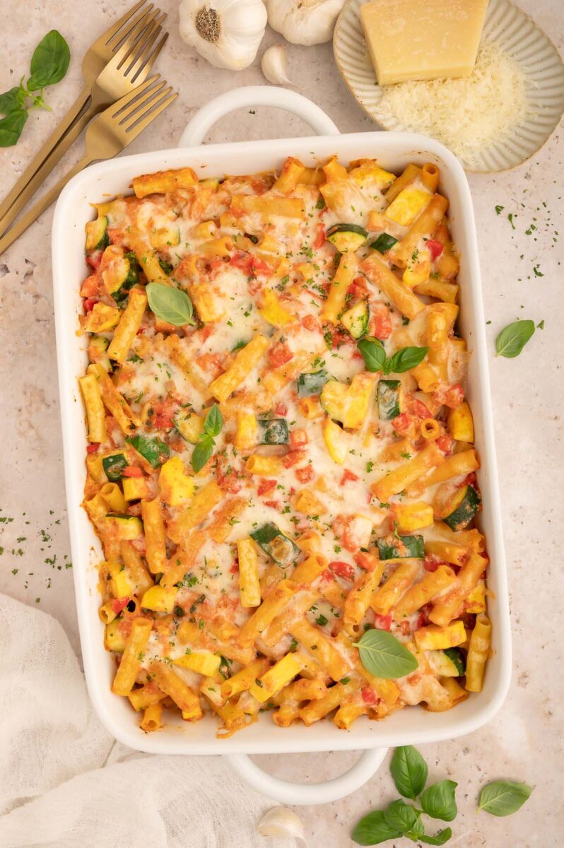 Vegetable Baked Ziti in a white baking dish.