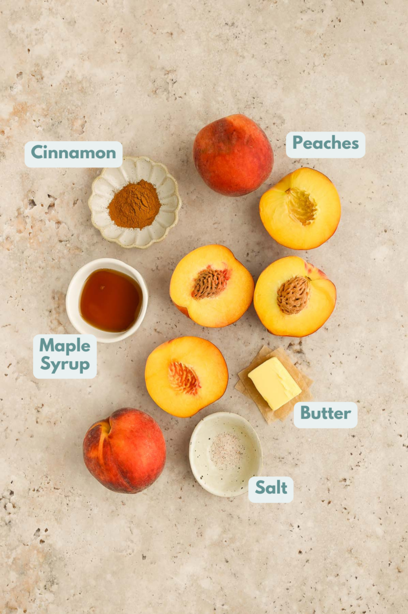 Ingredients to make baked peaches and small bowls on a counter.