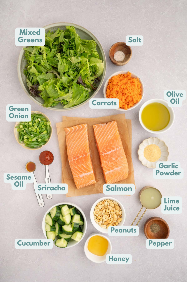 Ingredients to make sweet chili salmon salad in bowls on a counter.